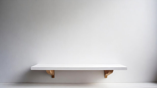 A white shelf with a white wall behind it. The shelf is made of wood with free space as a podium for product presentation