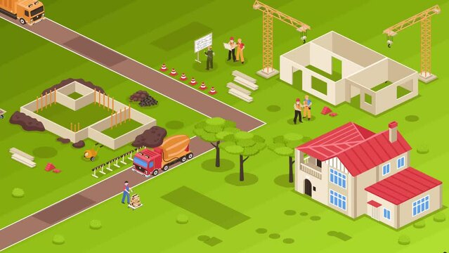 Construction of houses, foremen, architects and builders work. Concrete mixers and cranes on the green field. Animation in the style of cartoon isometry
