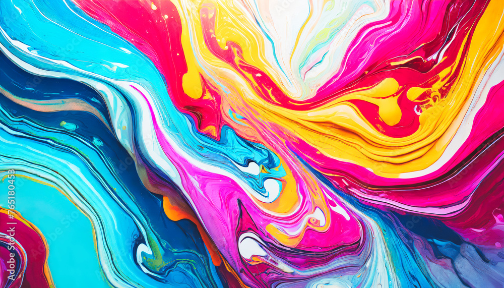 Poster A colorful painting with a blue and yellow line. The painting is abstract and has a lot of gold and red colors& Abstract Colorful acril Background