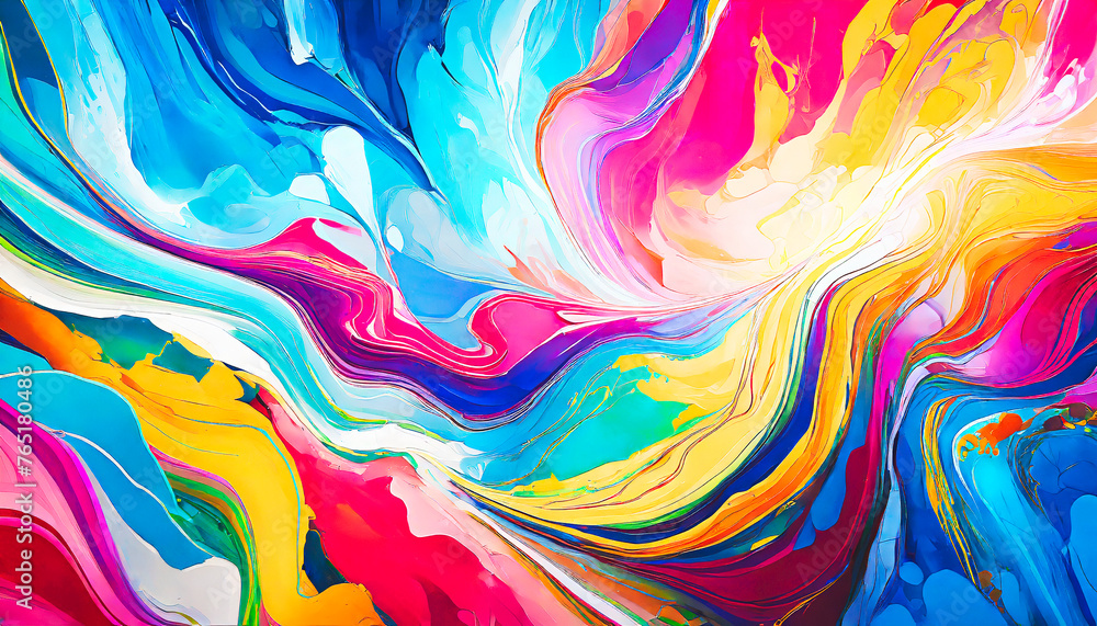 Poster A colorful painting with a blue and yellow line. The painting is abstract and has a lot of gold and red colors& Abstract Colorful acril Background