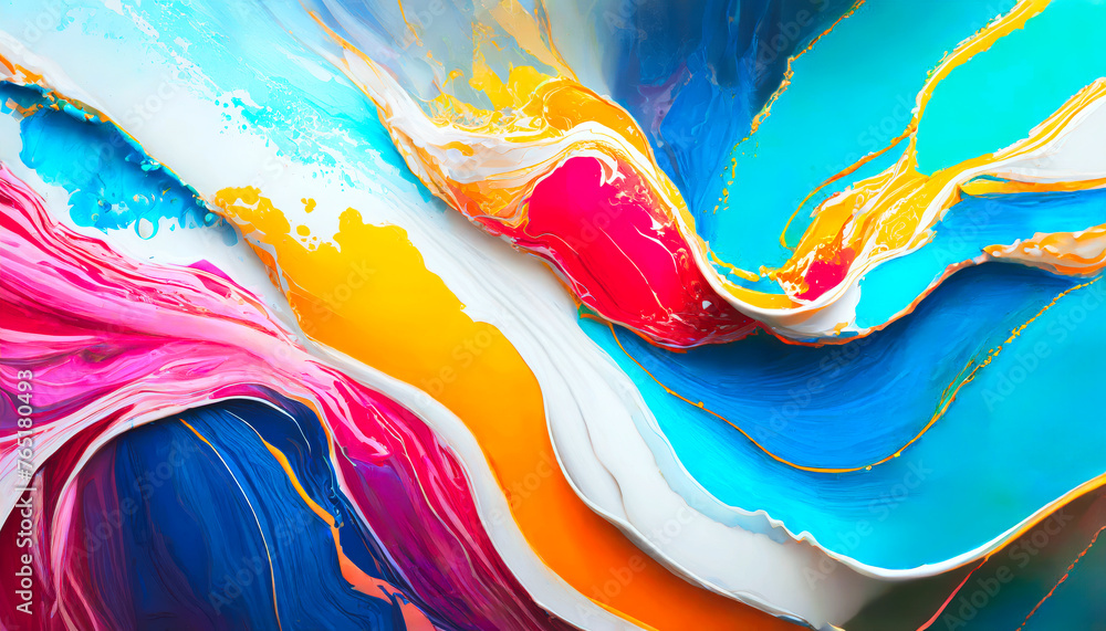 Poster A colorful painting with a blue and yellow line. The painting is abstract and has a lot of gold and red colors& Abstract Colorful acril Background