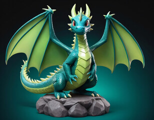 A blue, green and purple fiery dragon with open wings.