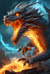 Orange fire dragon with open wings. - obrazy, fototapety, plakaty