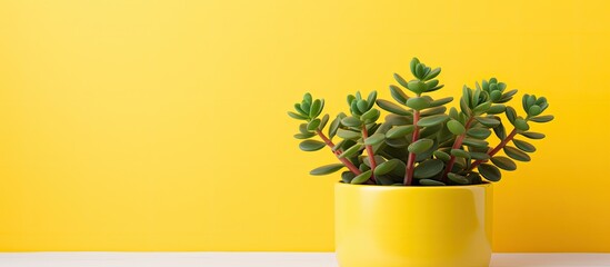 A close-up view of a green plant potted in a vibrant yellow container placed on a wooden surface