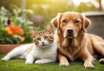 A dog and a cat are sitting next to each other on the lawn in the yard. Friendship between pets.