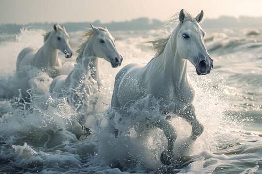 a group of white horses running through water