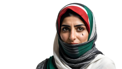 PNG Palestinian woman, Hijab, Flag of Palestine image. Free for use. Palestine woman with Palestine flag fighting for freedom, Woman wearing Palestine flag shawl