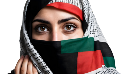 PNG Palestinian woman, Hijab, Flag of Palestine image. Free for use. Palestine woman with Palestine flag fighting for freedom, Woman wearing Palestine flag shawl