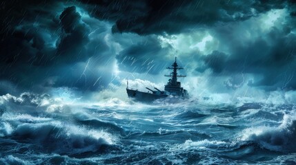 the ship crashes through waves and storms - obrazy, fototapety, plakaty