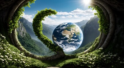 earth day concept, save the world, globe on moss, globe and forest, eco-friendly, planet earth,...