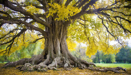 Big tree with yellow leaves and big roots. Autumn park. Fall season. Beautiful natural scenery. - Powered by Adobe