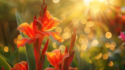A red Canna Lily basking in the sunlight. - obrazy, fototapety, plakaty