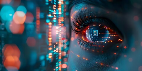 Enhancing Security with Facial Recognition Technology: A Close-up of a Security Camera Lens on a Digital Interface. Concept Security Technology, Facial Recognition, Surveillance Systems