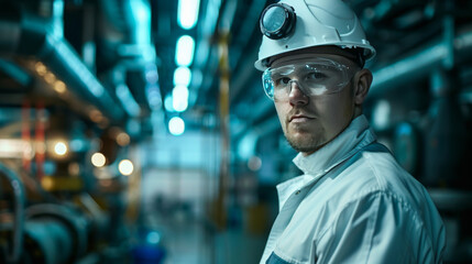 Young worker in hard hat and safety glasses at an industrial plant, surrounded by machinery.