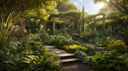 Ensure that the garden background is rich in detail, with various plant species, foliage textures, and natural elements adding depth and dimension to the scene. Include hints of sunlight filtering thr