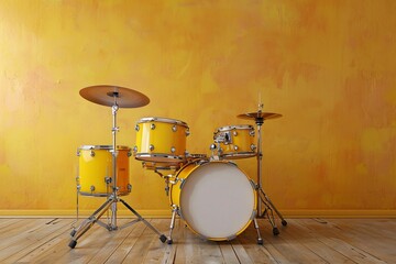 a yellow drum set in front of a yellow wall