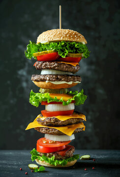 Naklejki Tower of a multi-layered cheeseburger over dark studio background