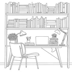 Outline Illustration for The study room has bookshelves and many book in there