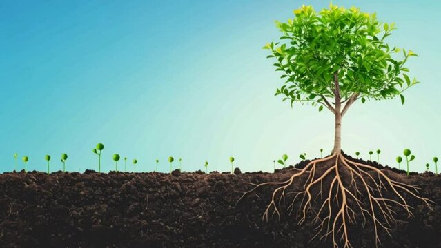 tree growing roots in rich soil with saplings Generative AI 