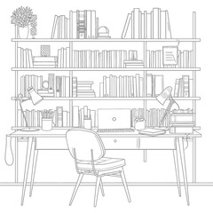 Outline Illustration for in the study room has bookshelves and many book in there