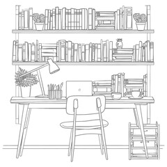 Outline Illustration for in the study room has bookshelves and many book in there