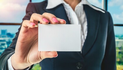 Businesswoman holding a Blank Business Card - Empty Business Card for Mockup - Template for Logo Design and Branding - Representation of Succesful Person