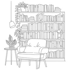Outline Illustration for in the study room has bookshelves and many book in there