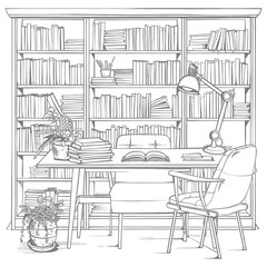 Outline Illustration for The study room has bookshelves and many book in there