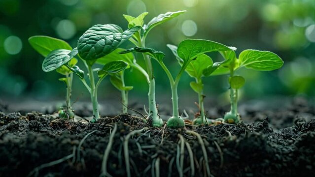 young plants growing in rich soil with roots showing Generative AI