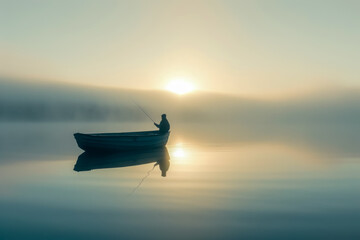  Solitary Fisherman in a Calm Lake Reflecting the First Rays of Sunrise Through Mist