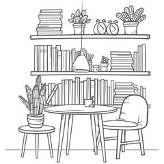 Fototapeta premium Outline Illustration for The study room has bookshelves and many book in there