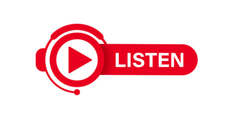 Red listen banner. Vector PNG image isolated on transparent background. Lesson, course, banner, button, icon, online studying.