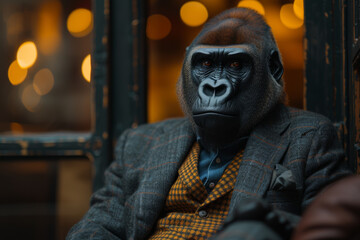 An anthropomorphic figure in business attire with a gorilla's head, symbolizing leadership through strength and influence. Concept of dominant leadership. Generative Ai. - obrazy, fototapety, plakaty