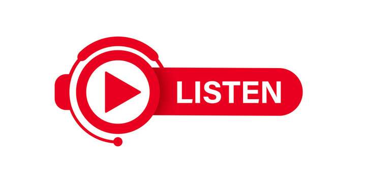 Red listen banner. Vector PNG image isolated on transparent background. Lesson, course, banner, button, icon, online studying.