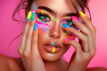 Beautiful woman with colorful nail art covering her face and hands on a pink background, with bright eyes and colorful makeup