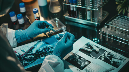 Criminal investigator analyzes evidence in the forensic laboratory - obrazy, fototapety, plakaty