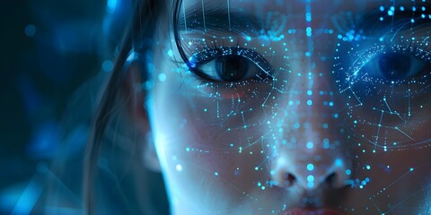 Facial recognition technology in use analyzing facial features through computer vision system. Concept Facial Recognition Technology, Computer Vision System, Analyzing Facial Features