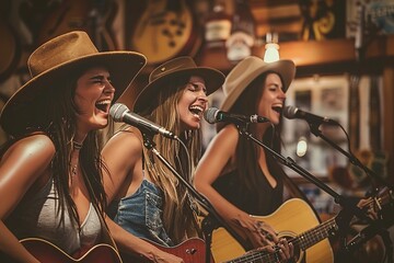 Three women wearing cowboy hats singing into microphones