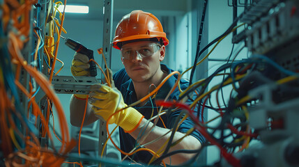 Electrician in a orange hard hat working on wires - obrazy, fototapety, plakaty