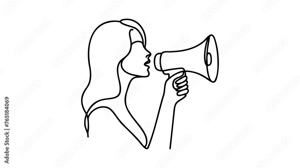 Wall mural One continuous single drawn line art doodle megaphone, woman, people, announcement, business,refer, friend . Isolated image hand drawn continuous outline white background. - Wall murals