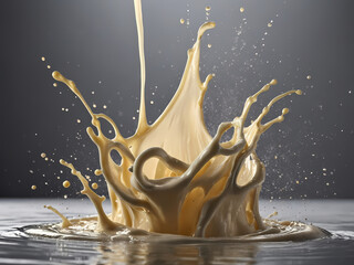 Smooth beige and white cream splashing mid-air, forming dynamic droplets and fluid textures against a clean, isolated background, evoking freshness, beauty, and organic movement