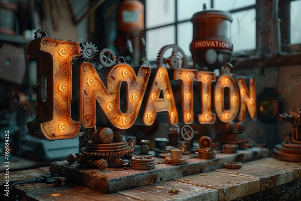 Poster illustrated gears forming the word 