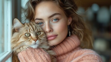 Home Sweet Home. Captivating Woman in Peach Sweater Cuddling Her Beloved Maine Coon