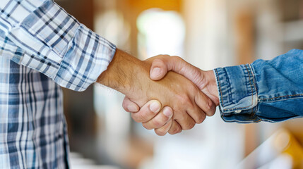 Construction job seeker shaking firm hand with his new employer both in professional attire.