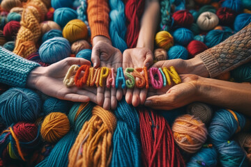 Colorful threads forming the word "COMPASSION" on a backdrop of people extending helping hands. Concept of compassion and kindness. Generative Ai.