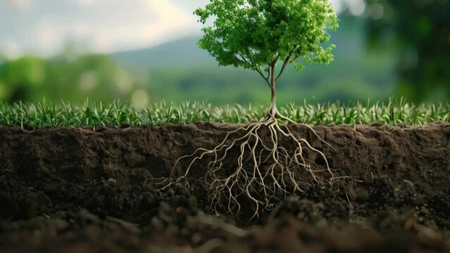 tree growing in rich soil with roots Generative AI