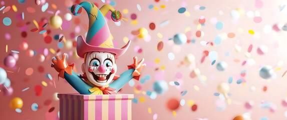 Obraz premium 3D illustration of a jack in the box with a confetti jester hat, symbolizing the playful and festive atmosphere of April Fool's Day. Banner with copy space for text.