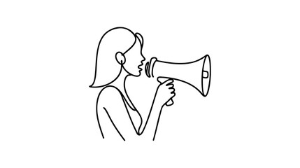 One continuous single drawn line art doodle megaphone, woman, people, announcement, business,refer, friend . Isolated image hand drawn continuous outline white background.