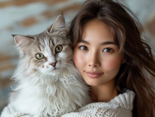 Soothing Intimacy. Gentle Woman with a Siberian Cat in a Soft Embrace