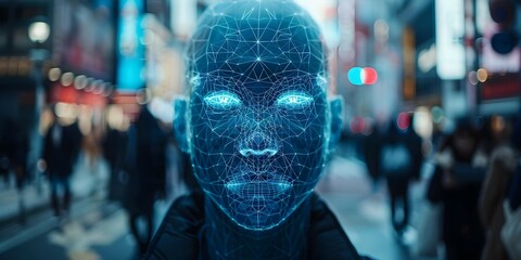 Enhancing Safety in Urban Areas Through AI Technology: Utilizing Facial Recognition and Data Analysis for Future Safe Cities. Concept Urban Safety, AI Technology, Facial Recognition, Data Analysis - obrazy, fototapety, plakaty